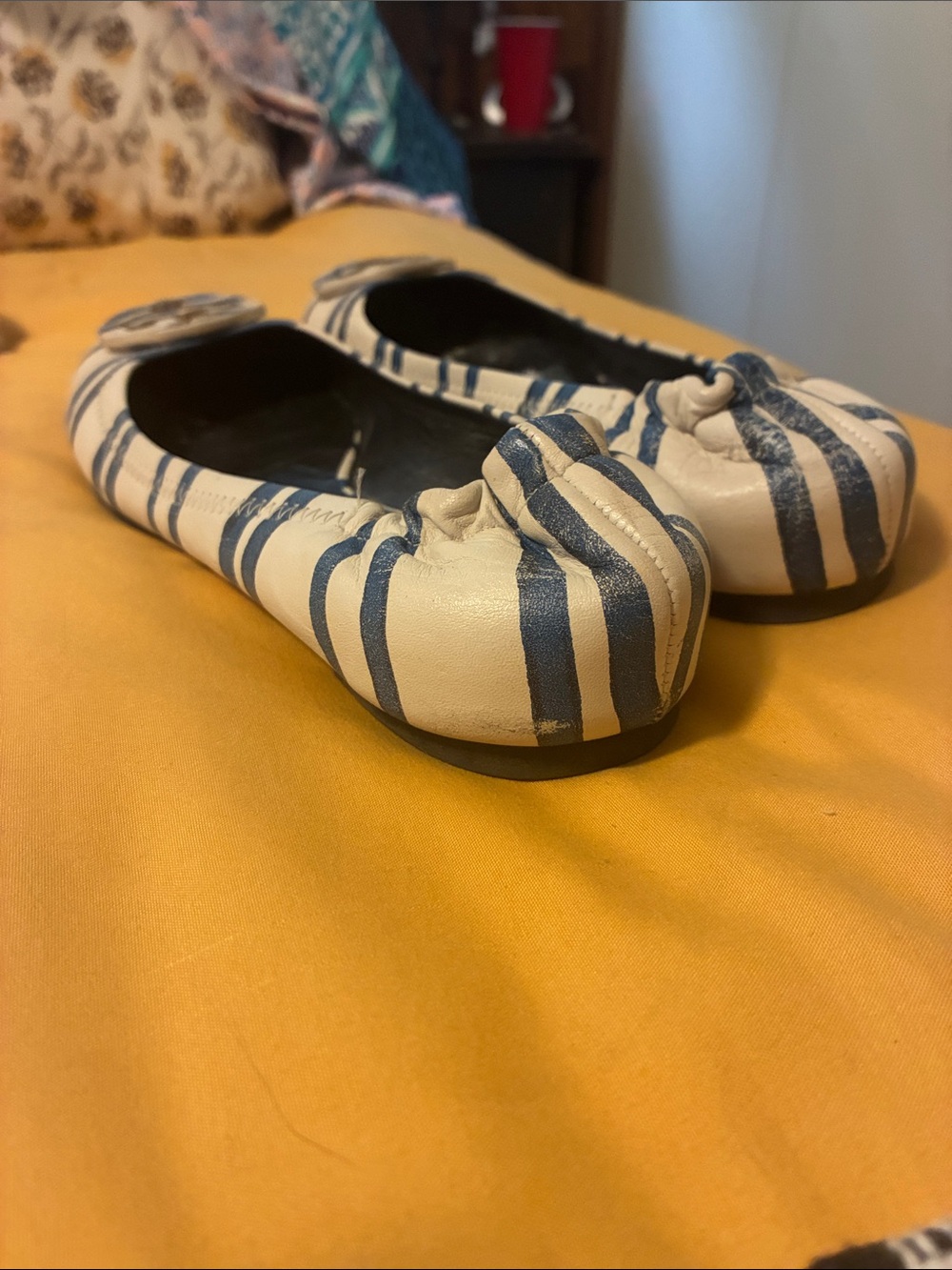 Woman's navy and white stripe Tory Burch flats